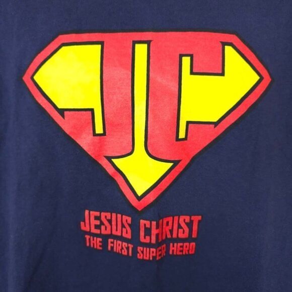 Christian T Shirt Vintage Y2K Super Church Jesus Christ The First Super Hero - Picture 2 of 5